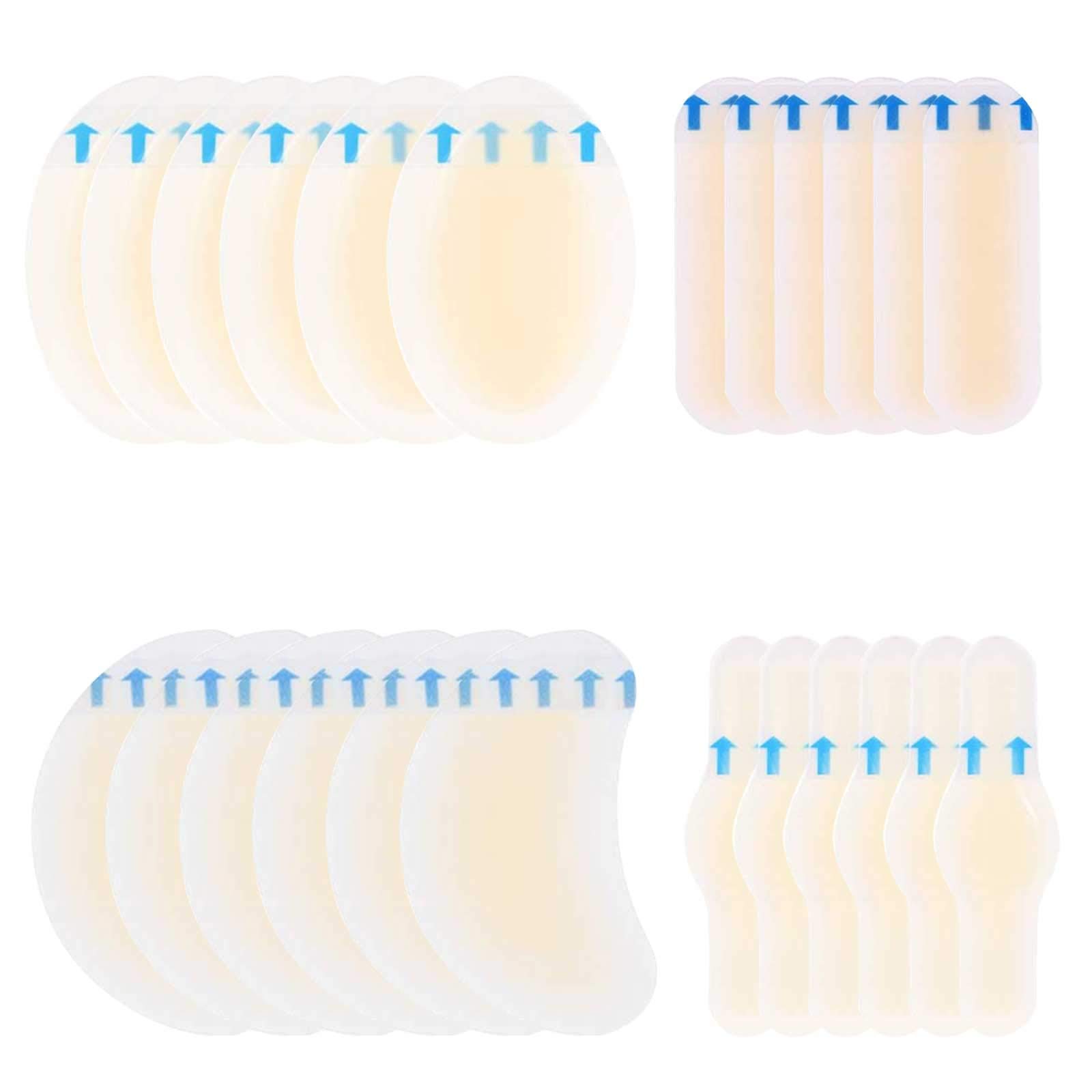 24 PCS Invisible Blister Plasters for feet, Blister Gel Pads Hydrocolloid Bandages Protector Gel Dressing Waterproof Blister Guard Prevention Patches Hydro Seal Band Aid for Heel Toes 4 Mixed Sizes