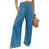 Vansha Women Summer High Waisted Cotton Linen Palazzo Pants Wide Leg Long Lounge Pant Trousers with Pocket