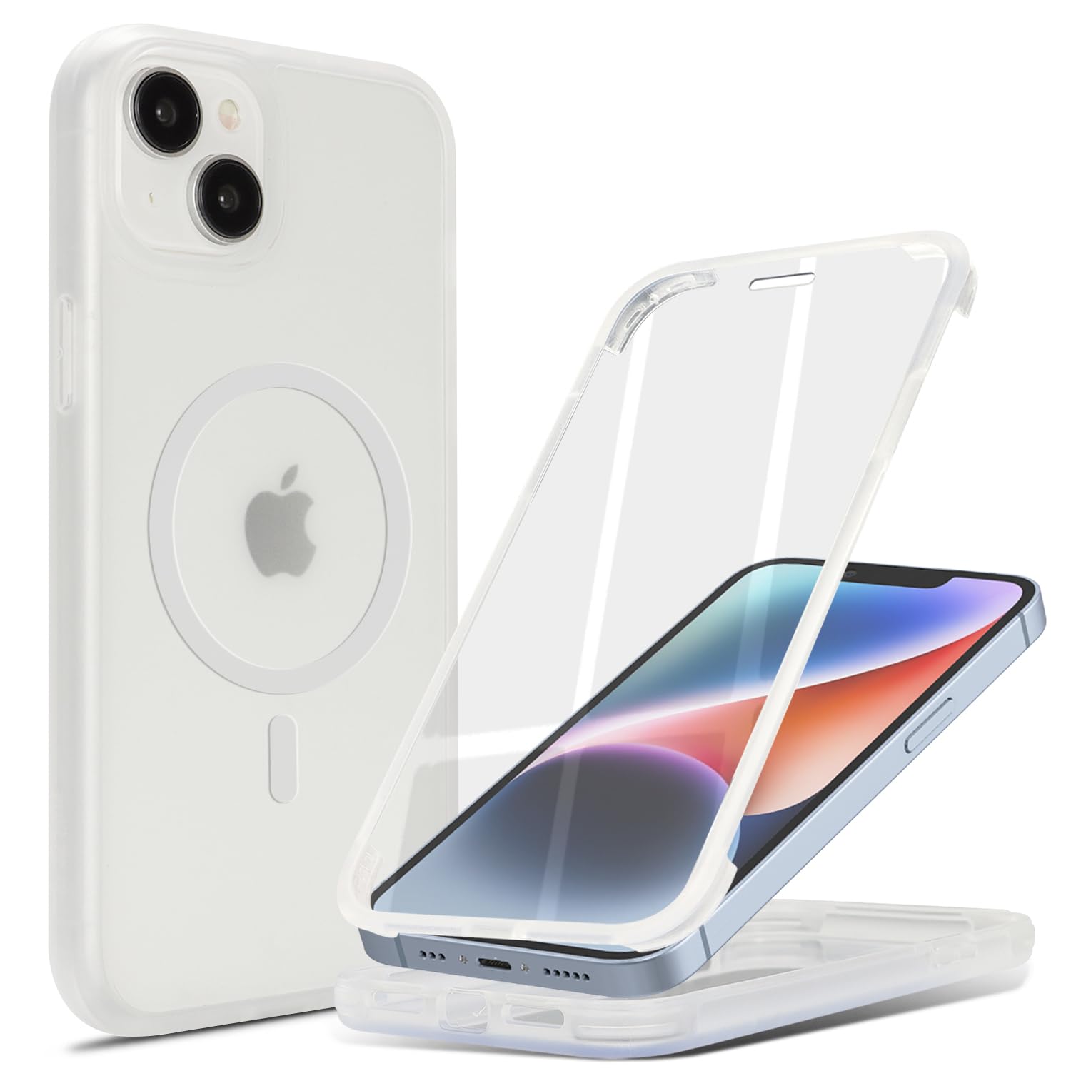 CoozCase for iPhone 14 Case with Built-in Screen Protector Anti-Scratch,for Apple iPhone 13 Protective Phone Cases,Compatible with MagSafe for Men Women-White