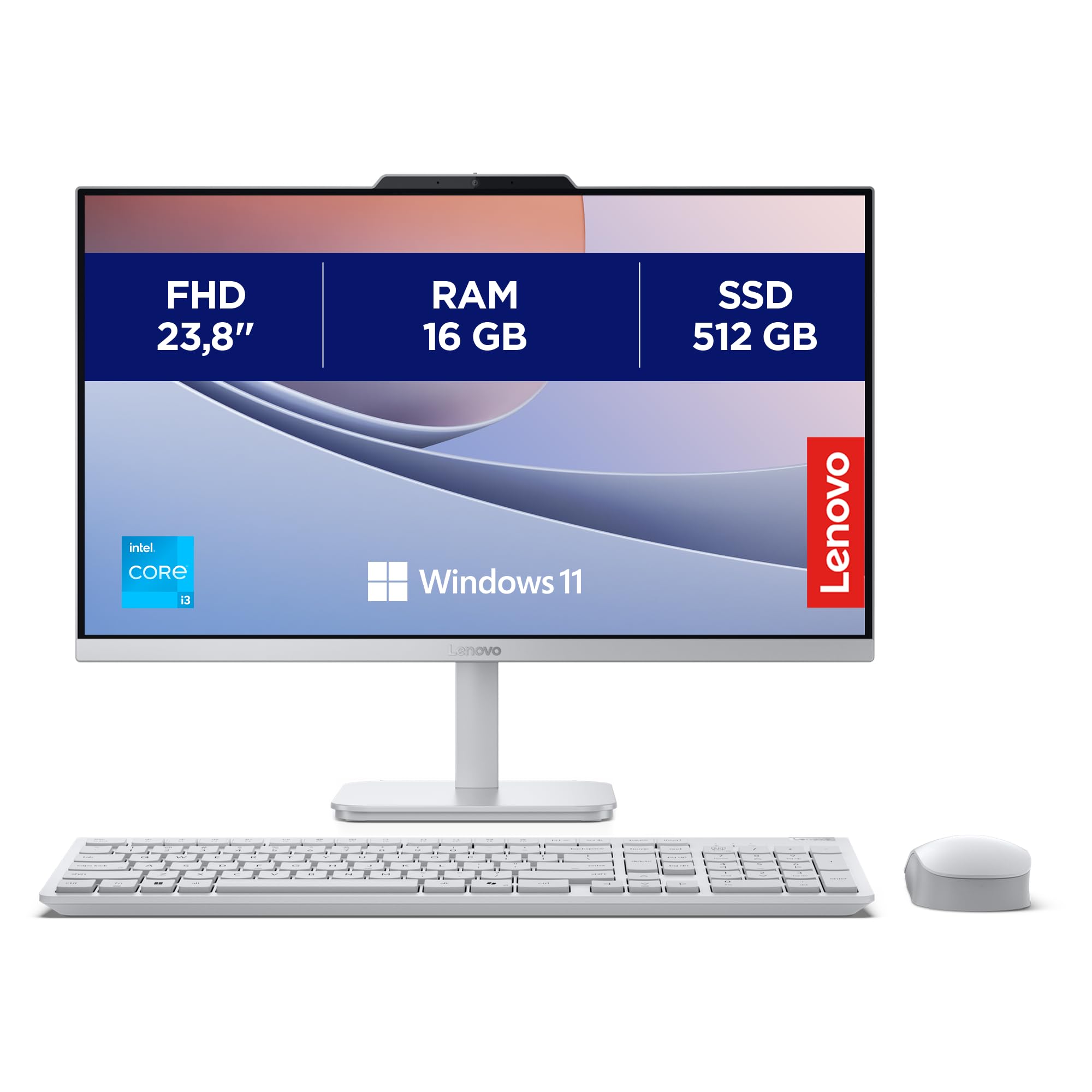Lenovo A100 All-In-One, Display 24" FHD, Intel N100, 512GB SSD, RAM 16GB, 2Wx2 Audio Speakers, WiFi 6, Windows 11 Home, Tastiera + Mouse Wireless - Cloud Grey