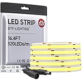 BTF-LIGHTING FCOB COB LED Strip Dimmable White Light Strip 12V DC Warm White 3000K 5m 320LEDs/m CRI 90+ Under Cabinet Tape Li