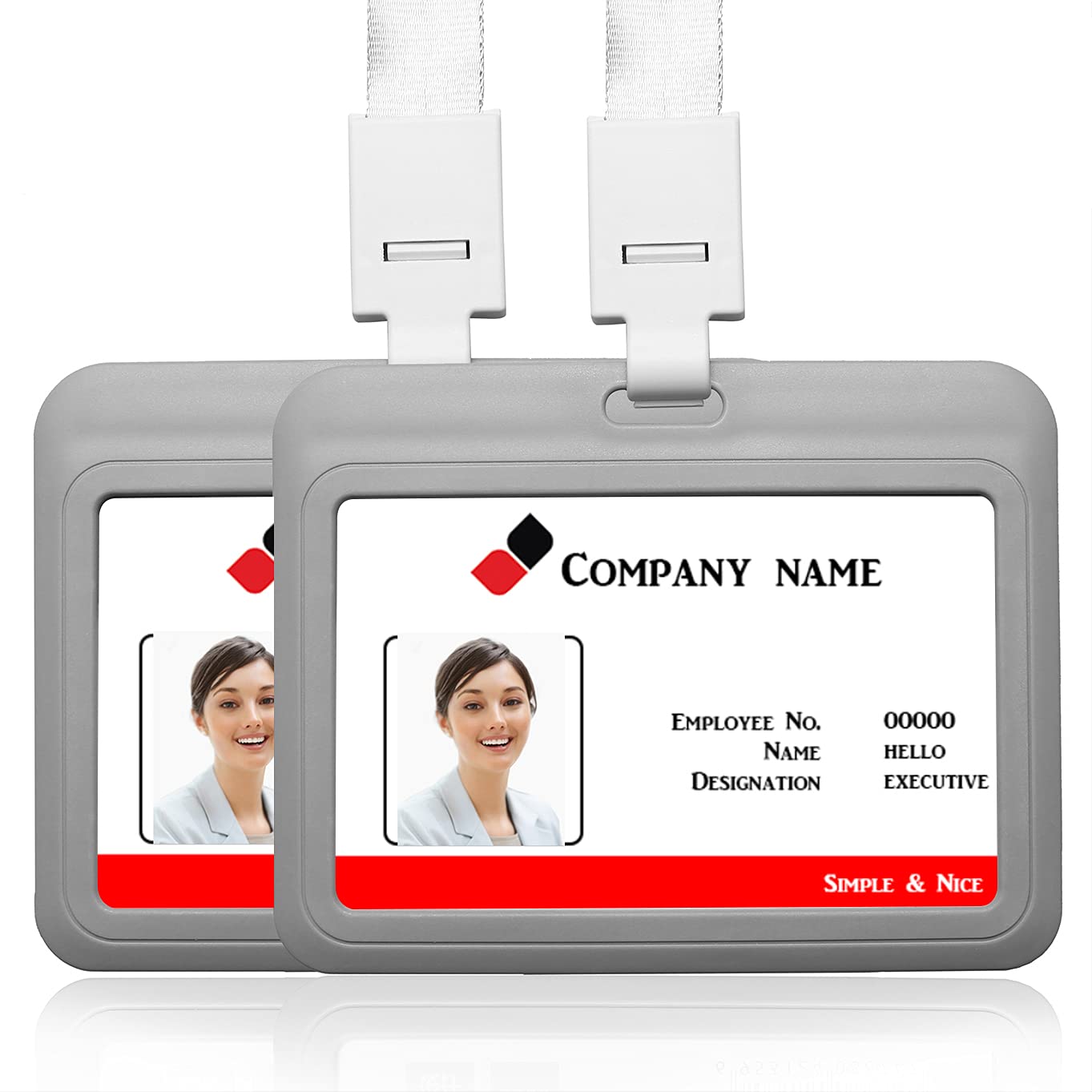 2PCS Horizontal ID Card Badge Holder with Lanyard Neck Strap Name Tag Card Holder Student Card Work Card ID Card (Gray)
