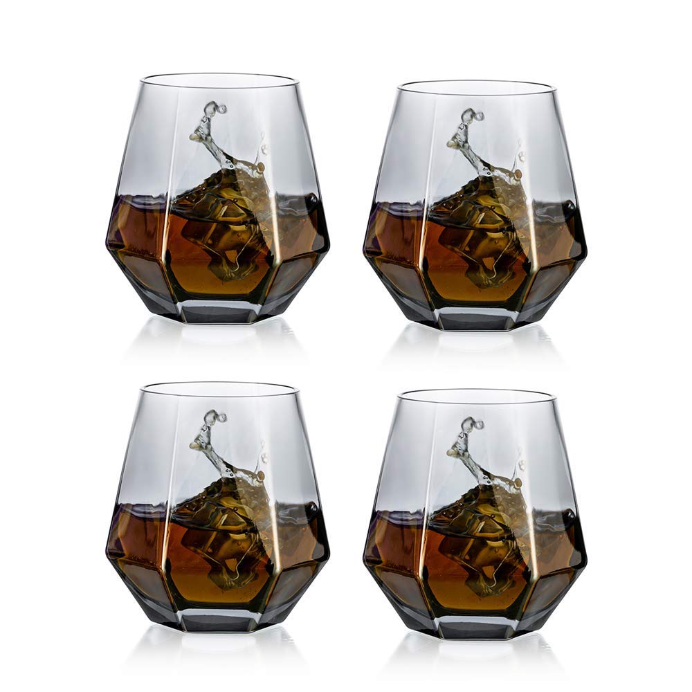 Diamond Whiskey Glasses Set of 4 Water Juice Tumbler Tilted Scotch Glass 300ml Whisky Glass Modern Look Glassware for Bourbon/Rum/Bar Tumbler