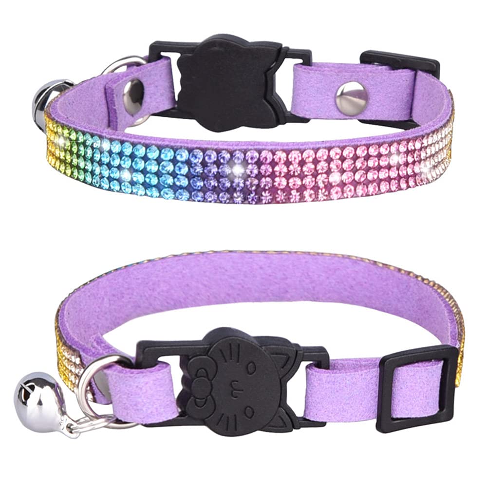 FUNAT Rhinestone Cat Collar with Bell, Microfiber Soft and Comfortable Cat Collar, Colorful Rhinestone Cat Collar, Cat Collar with Cat Head Safety Buckle