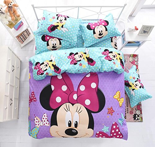 Soft Cartoon Printing 4pc Duvet Cover Set Disney Mickey Minnie Bed Sheet Polyester Bedding Set Comforter Cover flat Sheet pillowcase (Purple and CrystalGreen, Full)