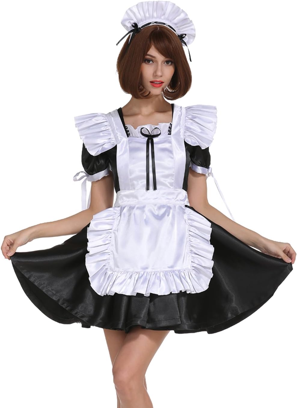 GOceBaby Women Sissy Maid Sexy Back Tied Satin Dress Crossdressing Two Ways Wear