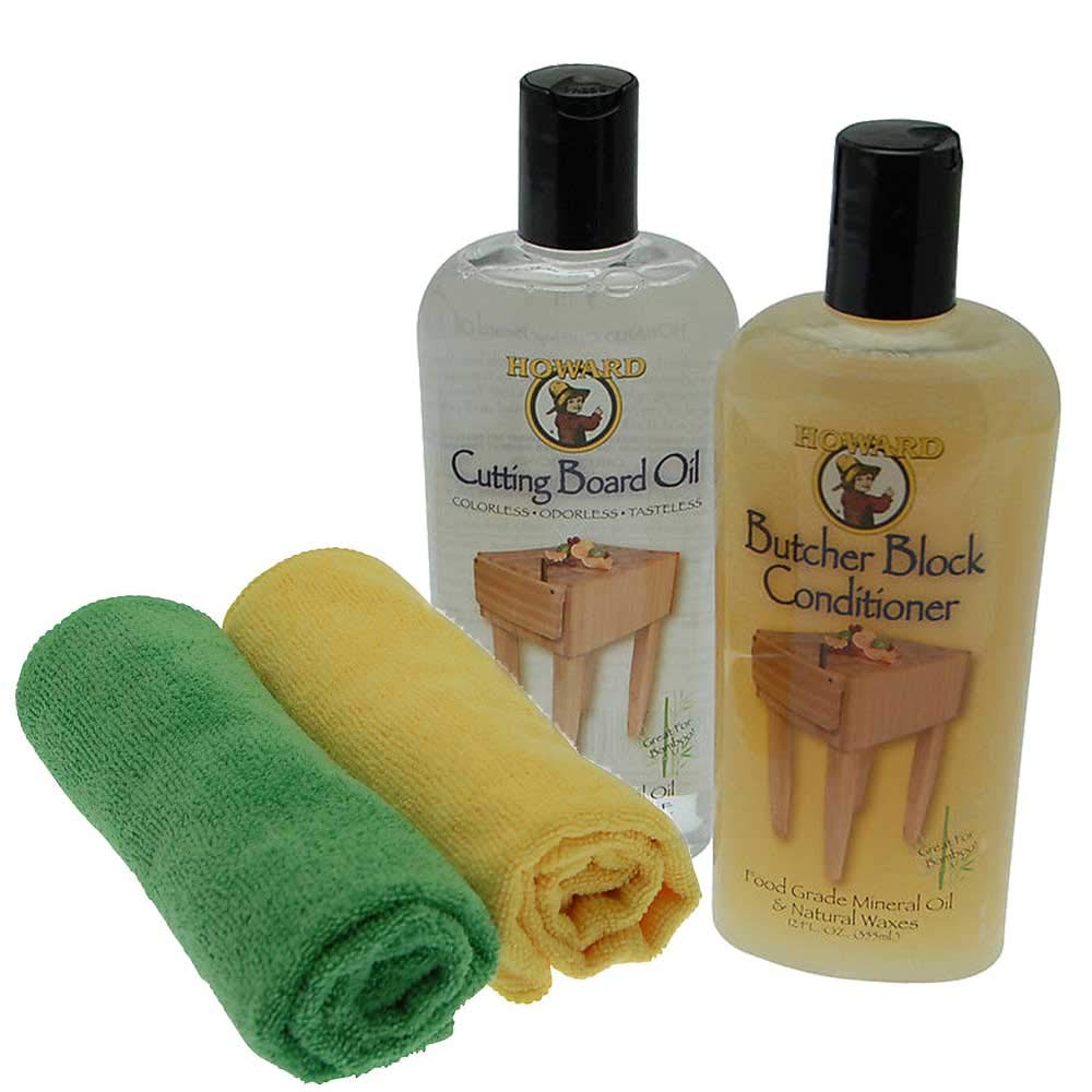 Howard Cutting Board Oil & Howard Butcher Block Conditioner (355ml) with Cloths for use on Butcher Blocks, Bread Boards, Chopping Boards and Wooden Kitchen Tools