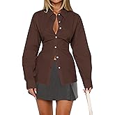 HOCANDY Women Long Sleeve Button Down Shirt Tie Back Cinched Waist Lapel Collar Corset Blouse Work Casual Dressy Tunic Shirt