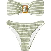 GORGLITTER Women's Strapless Bandeau Swimsuit High Waisted Thong Textured Bikini Set Bathing Suit
