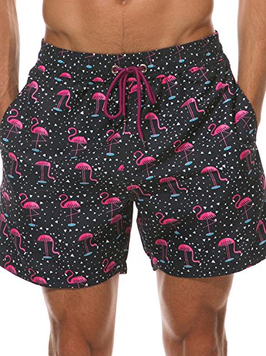 WUAMBO Men's Lightweight Quick Dry Shorts Slim Fit Swim Trunks with Mesh Lining, Flamingo/Black, X-Large (Waist:32"-35")