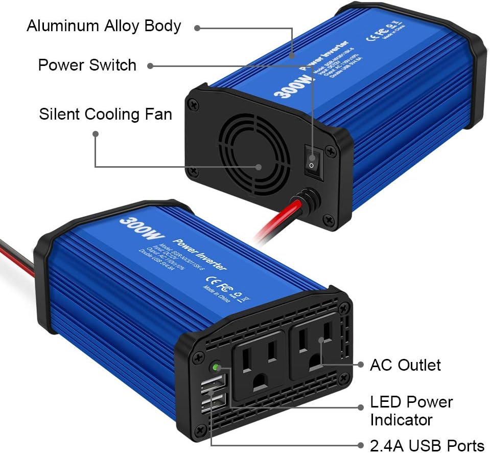 300W Power Inverter DC 12V to 110V AC Car Charger Converter with 4.8A Dual USB Ports (Blue): Car Electronics