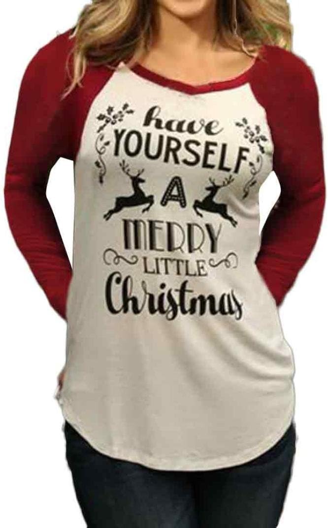FAPIZI Women Blouse โฅ Women Long Sleeve Christmas Elk Reindeer Letter Printed T-Shirt