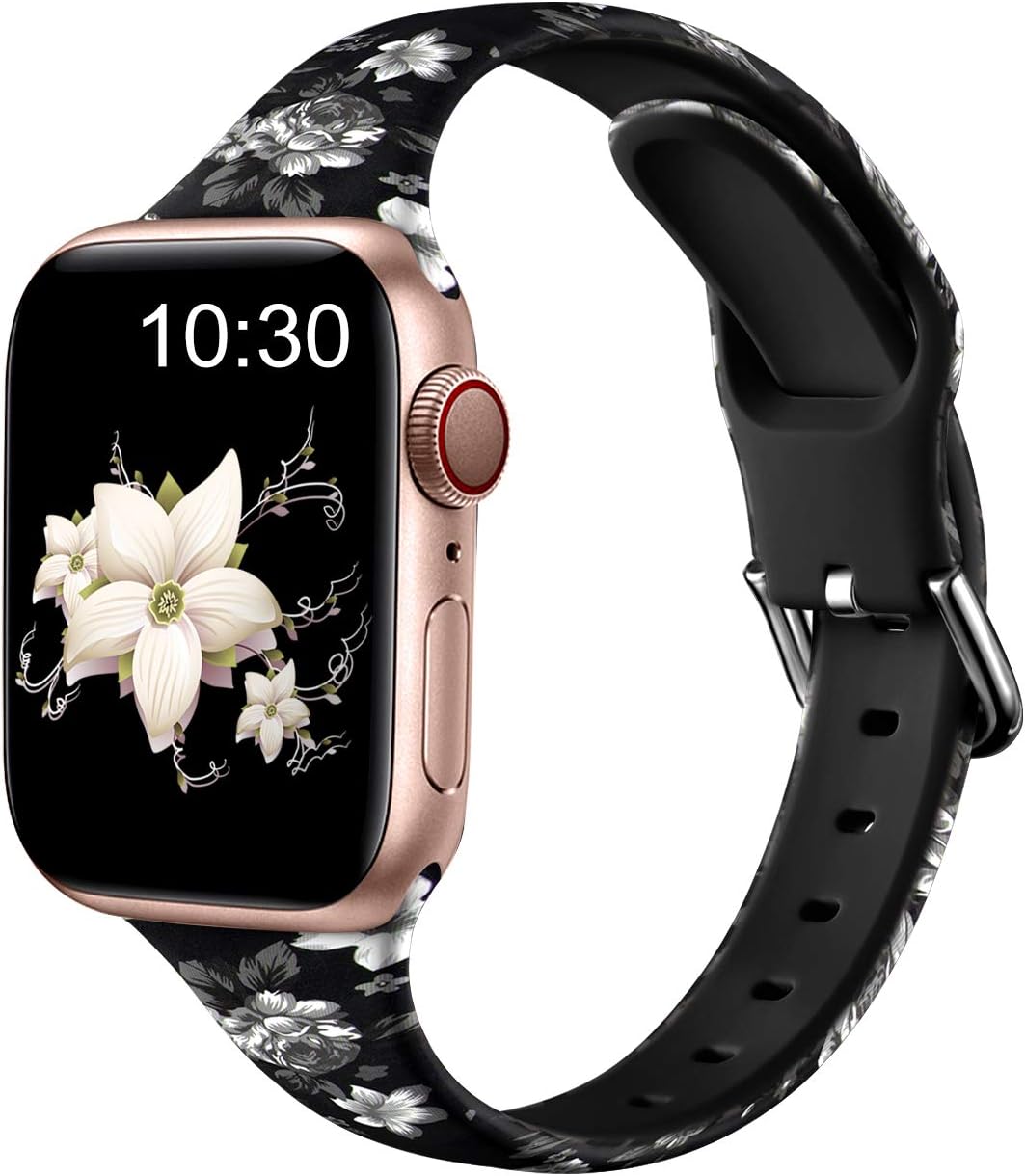 Nofeda Bands Compatible with Apple Watch Band 38mm 40mm iWatch Series 6 5 4 3 2 1 & SE, Slim Silicone Printed Fadeless Replacement Strap Band for Women Men, Gray Flower
