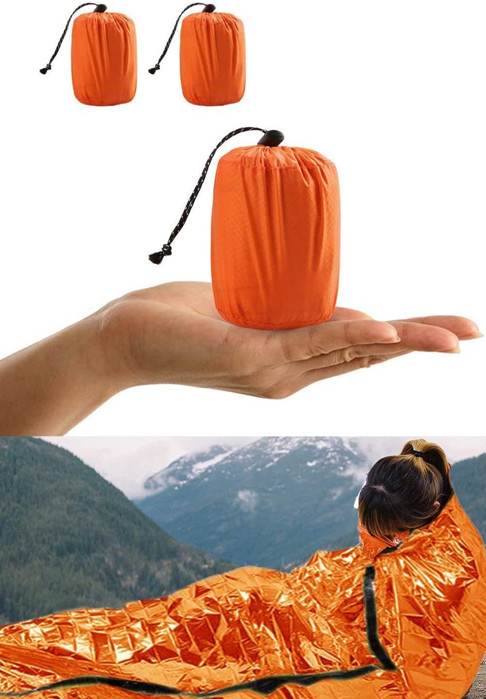 HONYAO Survival Sleeping Bag, Emergency Bivvy Bag Emergency Rescue Blanket Reusable for Camping Hiking Outdoor, Orange, 2 Pack
