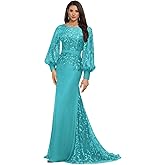 Laces Mother of The Bride Dresses for Women Sequin Chiffon Crew Neck Mermaid Grandmother of Groom Dress Long Sleeves