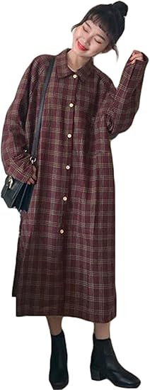 Amazon Zhongjue ジュージェン シャツ ワンピース ロング丈 長袖 ゆったり カジュアル かわいい チェック ワンピース韓国風 オシャレ オレンジ シャツ ブラウス 通販