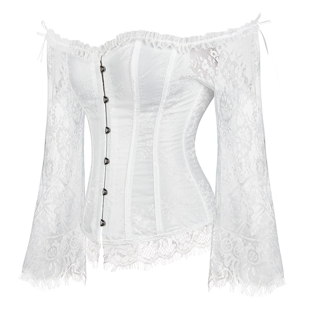 SZIVYSHI Women's Overbust Lace up Back Corset with Shoulder Sleeve,White,S(Waist:62cm)