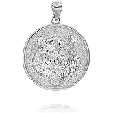 .925 Sterling Silver, 10K or 14K Yellow, White, or Rose Gold Roaring Tiger Head Medallion Round Pendant - Choice of Metal