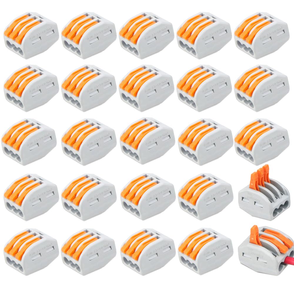 CEEYSEE 25 Pcs Compact Wire Connectors 3 Port Diy Electrical Connector Blocks Circuit Inline Splices Lever Nut Connector Quick Cable Clamp Spring Butt Terminal Connectors（3 Port ）