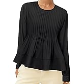 Womens Pleated Peplum Blouse Puff Sleeve Smock Babydoll Shirt Loose Fit Elegant Top Work Office Business Casual Wear