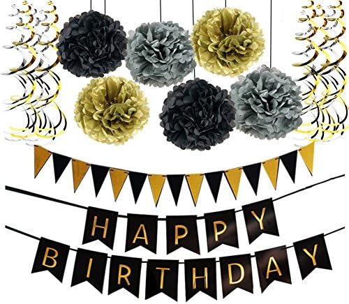 Happy Birthday Banner Bunting, Large Triangle Banner, Paper Pom Poms, Foil Swirls Ideal for Birthday Party Supplies Favors Gifts and Decorations