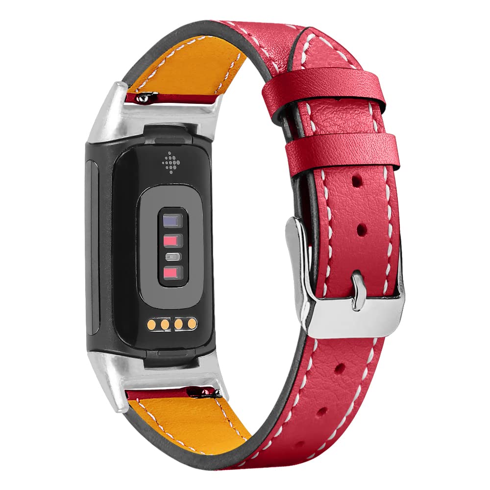 AISPORTS Leather Strap Compatible with Fitbit Charge 6/5 Strap for Women Men, Soft Breathable Leather Sport Wristband Metal Buckle Clasp Bracelet Replacement Band for Fitbit Charge 6/5