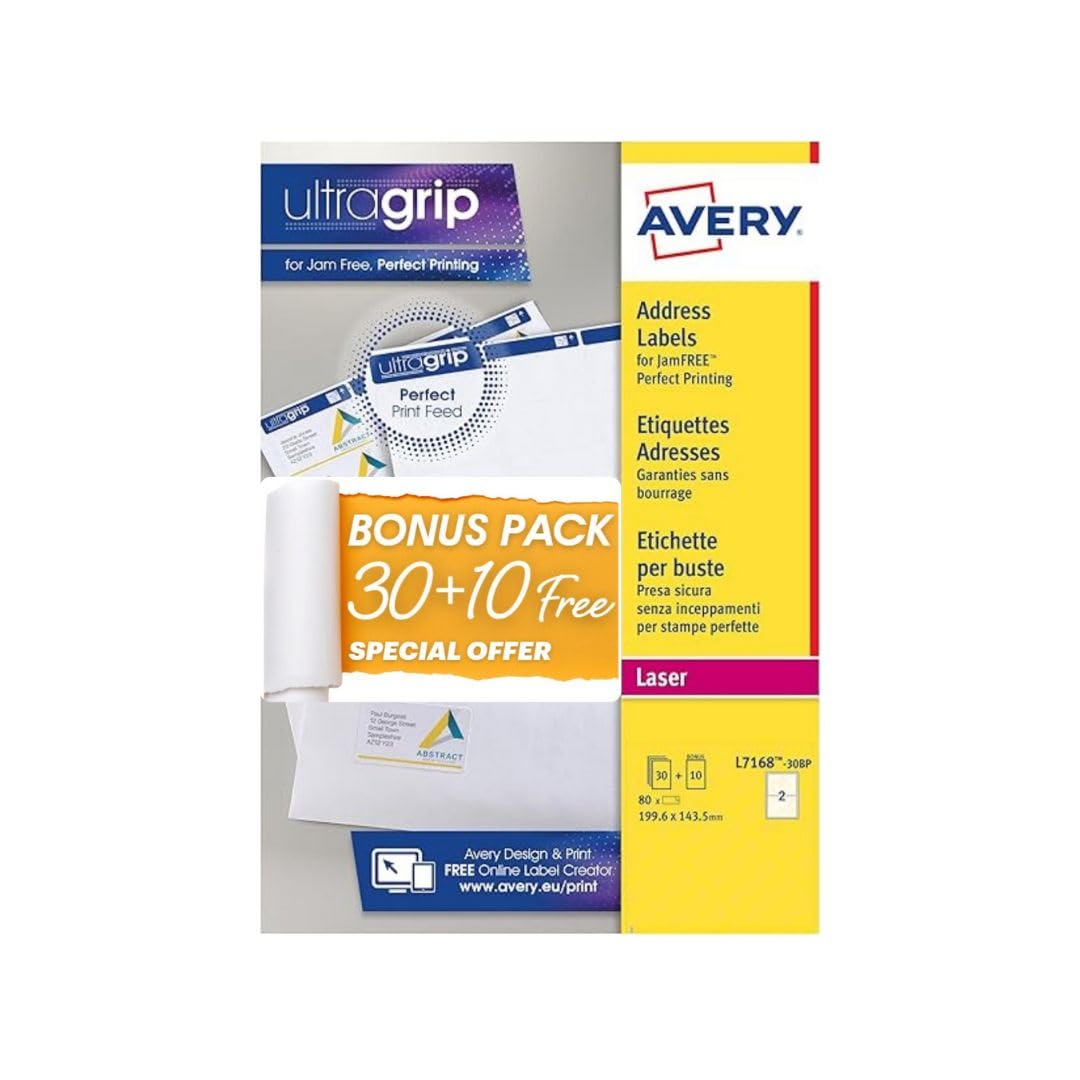 Avery Bonus Pack of Labels, Laser Printer, White Blank A4 Labels, 30 Sheets Plus 10 Extra, 199.6 x 143.5 mm, UltraGrip - L7168-30BP