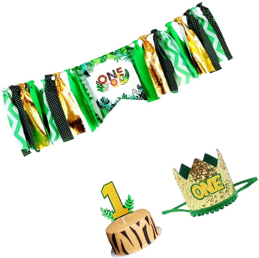 Amosfun Jungle Safari Baby 1st Birthday Party Decorations Kit with Birthday Tiara Crown ONE Cake Topper High Chair Banner Baby First Decorations - Image 3