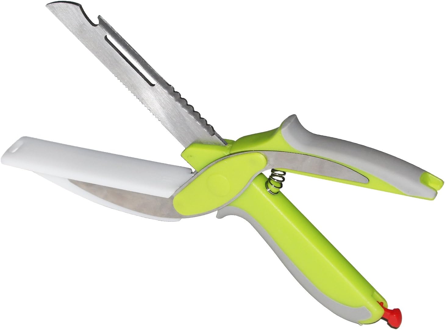 Myrnason 6 in 1 Multi Cutter - Clever Kitchen Scissors & Shears With Built-in Cutting Board, Fruits & Vegetable Peeler, Cutlery Knives (Chef Knife & Serrated Knife), Bottle Opener, and Scaler (Green)