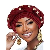 Woeoe Women African Turban Pre-Tied Twisted Beanie Cap Headwear Rhinestone Soft Stretchy Head Turbans