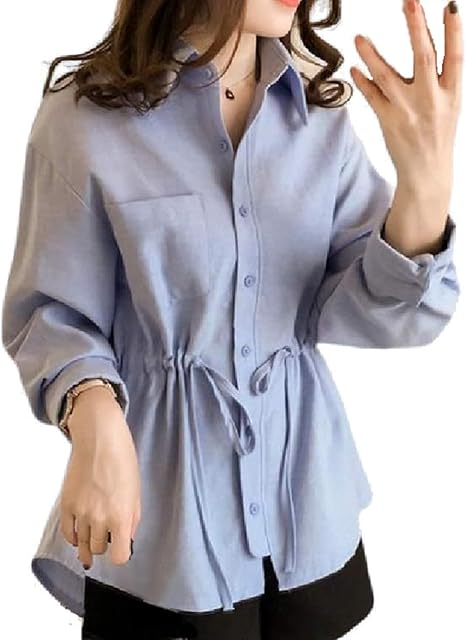 Amazon トーアソーア チュニック シャツ ブラウス レディース 長袖 ギャザー ぺプラム デニム 春 夏 秋 冬 とろみ おしゃれ かわいい きれいめ オフィス ビジネス 韓国 ウエスト リボン ドローストリング 01 青 M シャツ ブラウス