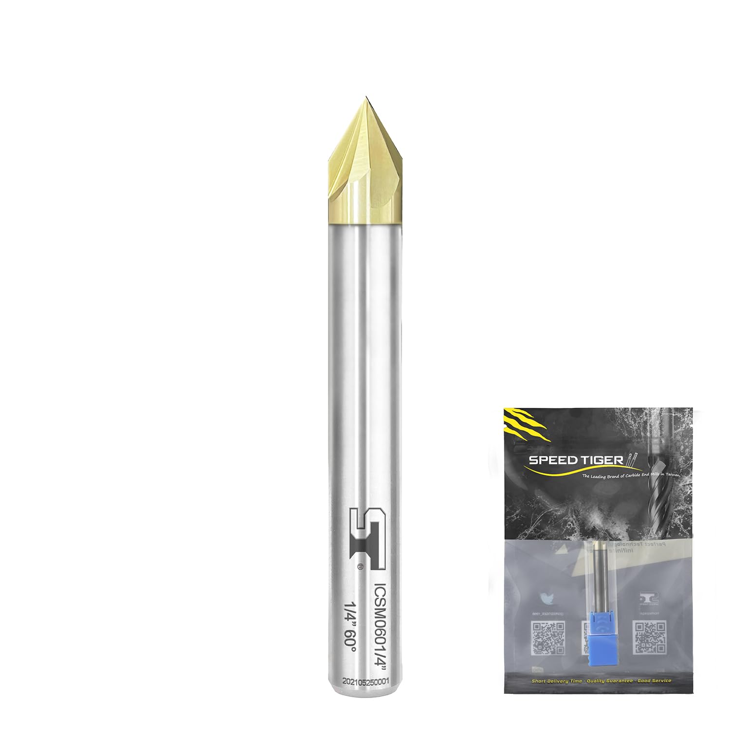 SPEED TIGER ICSM Chamfer End Mill - CNC Carving Bits, V Groove, 60 Degree, 1/4"Shank 2"OVL for Wood/Alloy Steels/Hardened Steels-Made in Taiwan(1 Piece, 60 Degree)