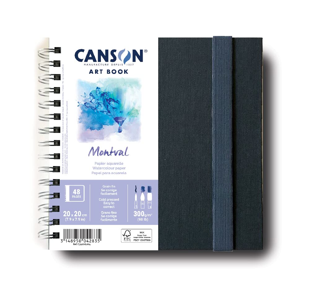 CANSON Professional Art Book, Fine Grain Watercolour Montval Paper, 300gsm, 20x20cm Spiral Notebook, 24 White Sheets, For Professional Artists & Students