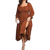 SCOMCHIC Womens Plus Size Maxi Dress Long Sleeve Square Neck Smocked Wedding Guest Flowy Split Fall Dresses with Pockets