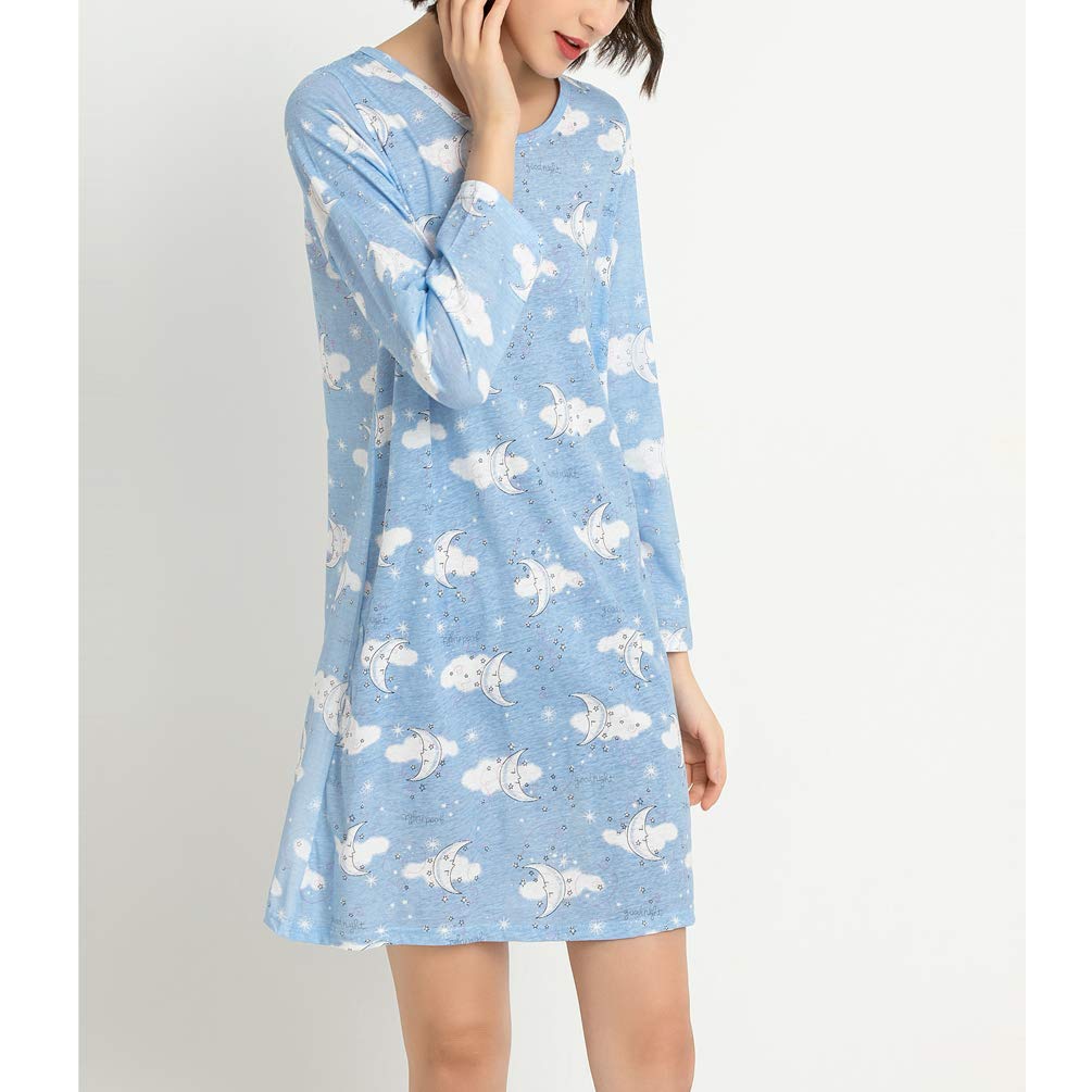 ENJOYNIGHT Women\'s Cotton Sleepwear Long Sleeves Nightgown Print Tee Sleep Dress (Large, Moon)