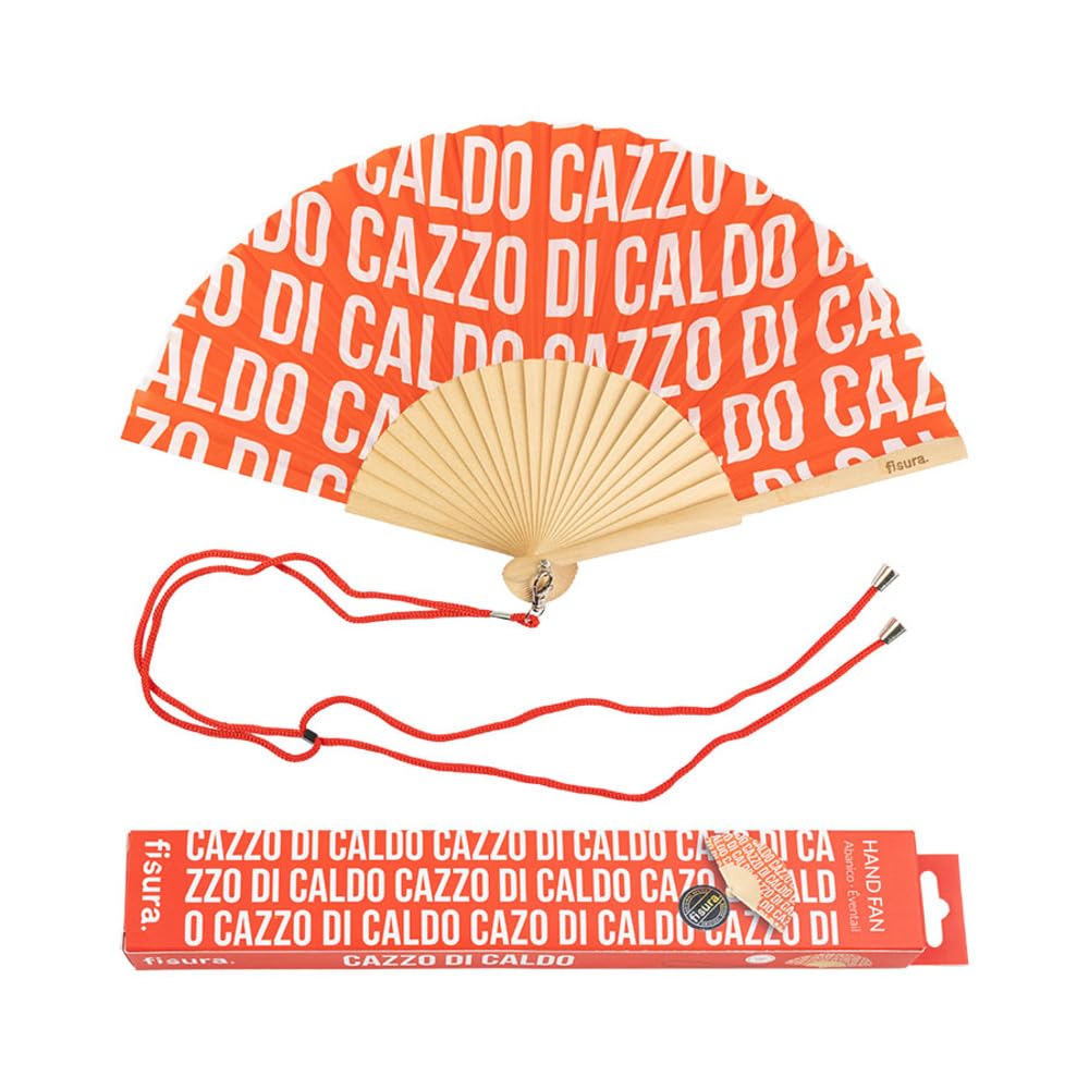 Fisura - Original handheld folding fan with the message in message in Italian and German wooden fan. Original holding Hand Fans. Fan with hanger included (Caldo, red pattern)
