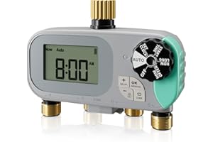 QUOBAS Brass Sprinkler Timer for Garden Hose with Child Lock, Programmable Digital Water Timer 4 Zone for Drip Irrigation, Po