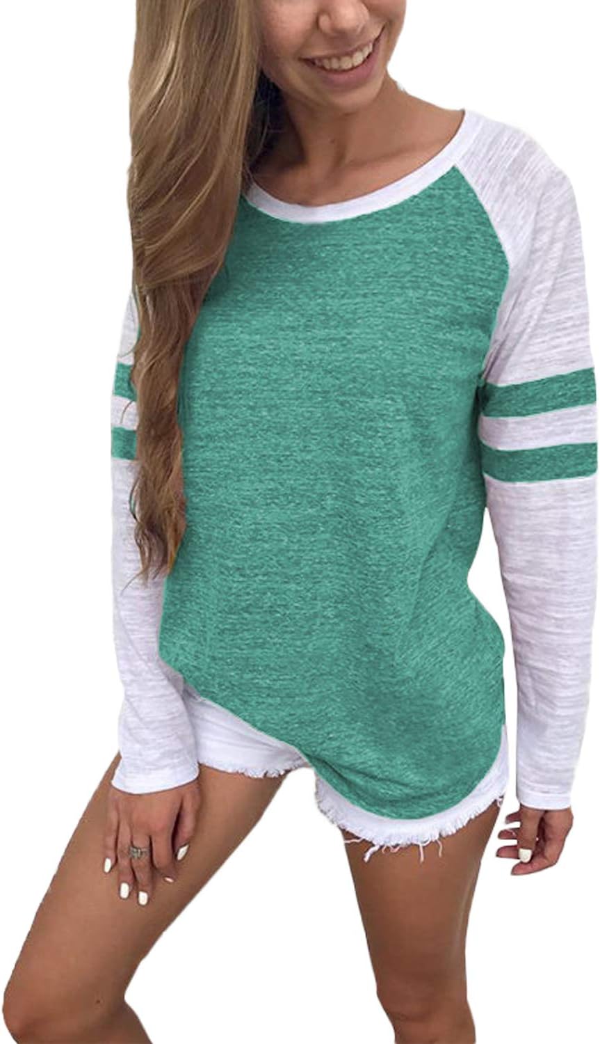 Women Long Sleeve Tshirts Ladies Jumpers Baseball Tops Round Neck Striped Pullover