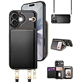 OCASE Compatible with iPhone 17 Crossbody Wallet Case with Card Holder, PU Leather Zipper Handbag Phone Purse with RFID Blocking Kickstand Wrist Strap Lanyard 6.3 Inch, Black