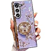 Changjia for Samsung Galaxy Z Fold 7 Kickstand Case,Cute Glitter Bling Rhinestones Diamond Butterfly with Ring Stand Marble Shell Shockproof Protective Cover for Women Girls for Galaxy Z Fold 7,Purple
