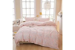 MKXI Twin Size Pink Floral Duvet Cover Cute Cats Duvet Cover for Girls White Cat Pattern Kids Bedding Set Pink Cartoon Comforter Cover for Children