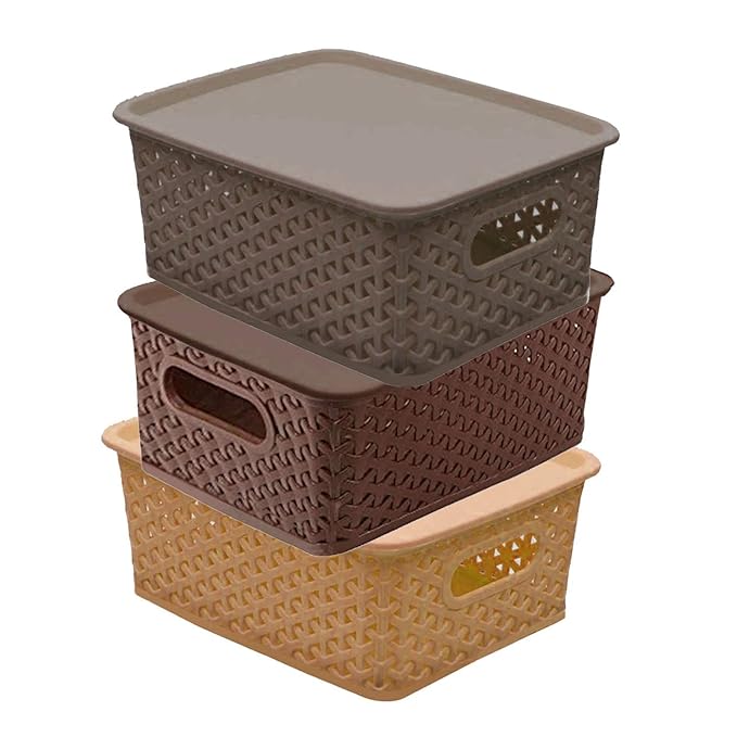 Kuber Industries Plastic 3 Pieces Small Size Multipurpose Solitaire Storage Basket with Lid