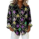 Shirts for Mardi Gras for Women, Outfit for Mardi Gras Carnival Outfit for Women, Casual Long Sleeve Shirts for Spring