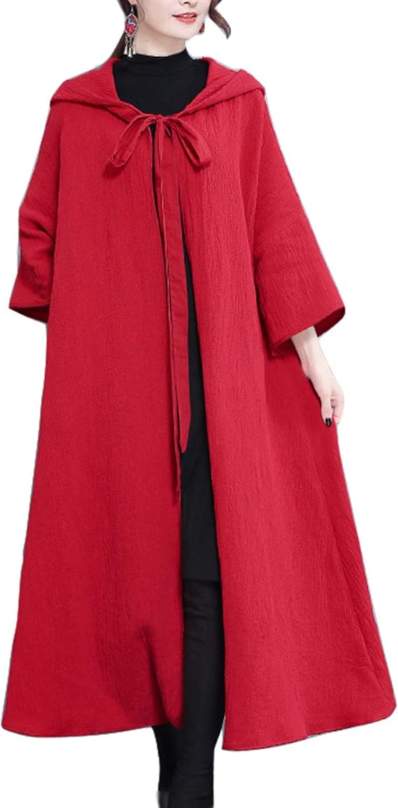Yimoon Women’s Cotton Hooded Open Front Cape Trench Coat 3/4 Flare Sleeve Cloak (Red, One Size