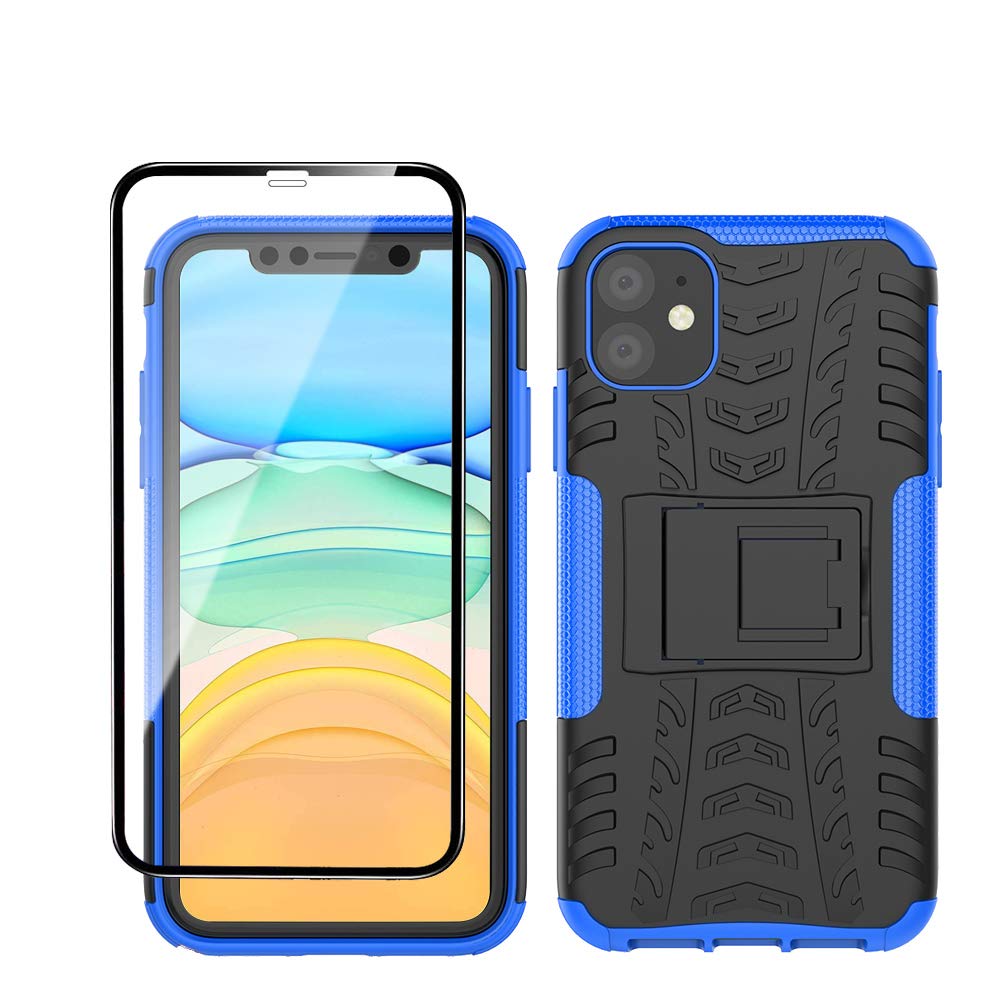 Yiakeng iPhone 11 Phone Case, iPhone 11 Case with Screen Protector, Shockproof Silicone Protective with Kickstand for iPhone 11 (Blue)