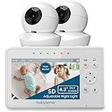 Babysense Upgraded Video Baby Monitor, 4.3" Split Screen with Two Cameras and Adjustable Night Light, Remote Pan & Tilt, Long