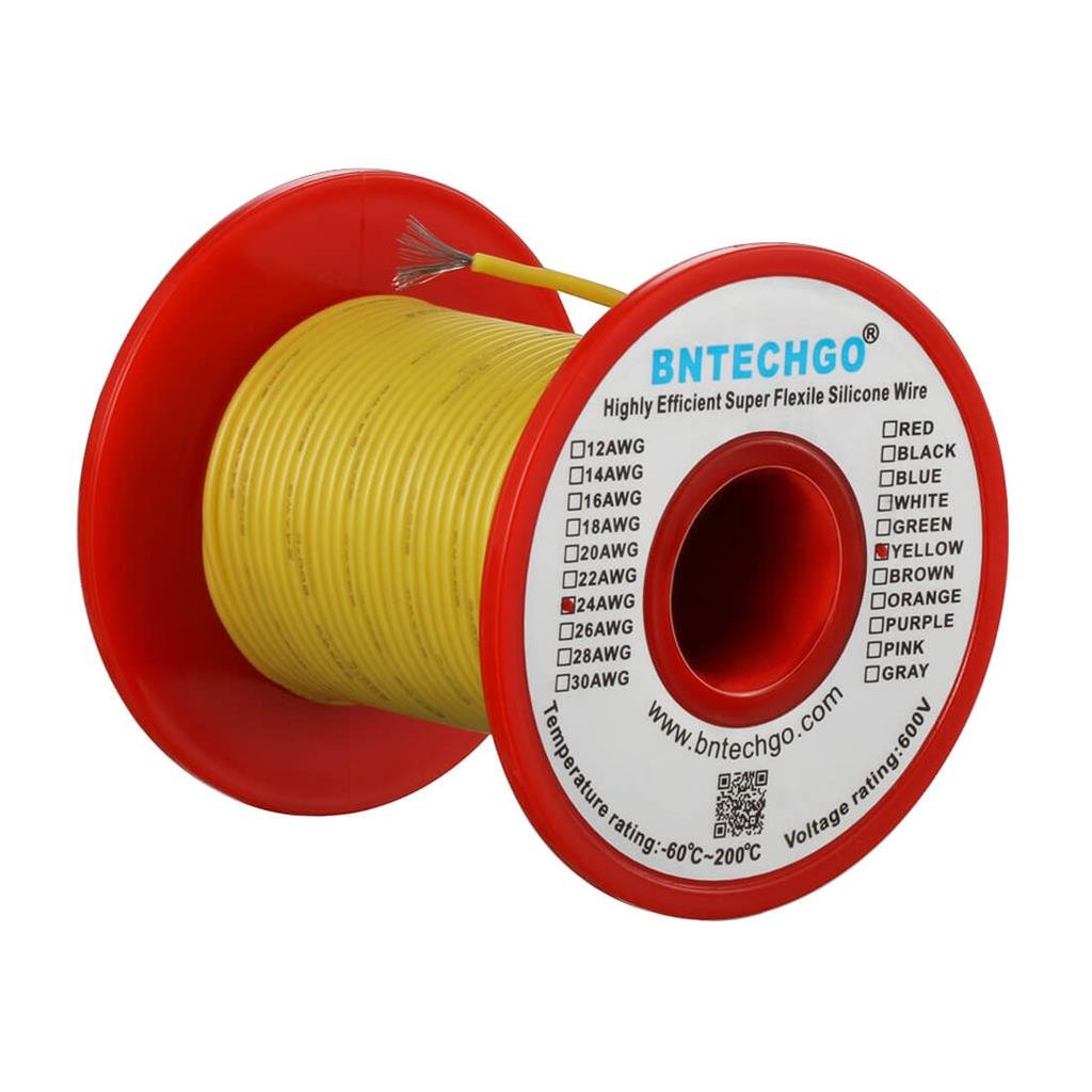BNTECHGO 24 Gauge Silicone Wire Spool Yellow 100 ft Ultra Flexible High Temp 200 deg C 600V 24 AWG Silicone Rubber Wire 40 Strands of Tinned Copper Wire Stranded Wire for Model Low Impedance