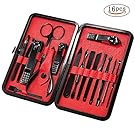 Mens Manicure Set - Mifine 16 In 1 Stainless Steel Professional Pedicure Kit Nail Scissors Grooming Kit with Black Leather Travel Case Second Generation(Red)