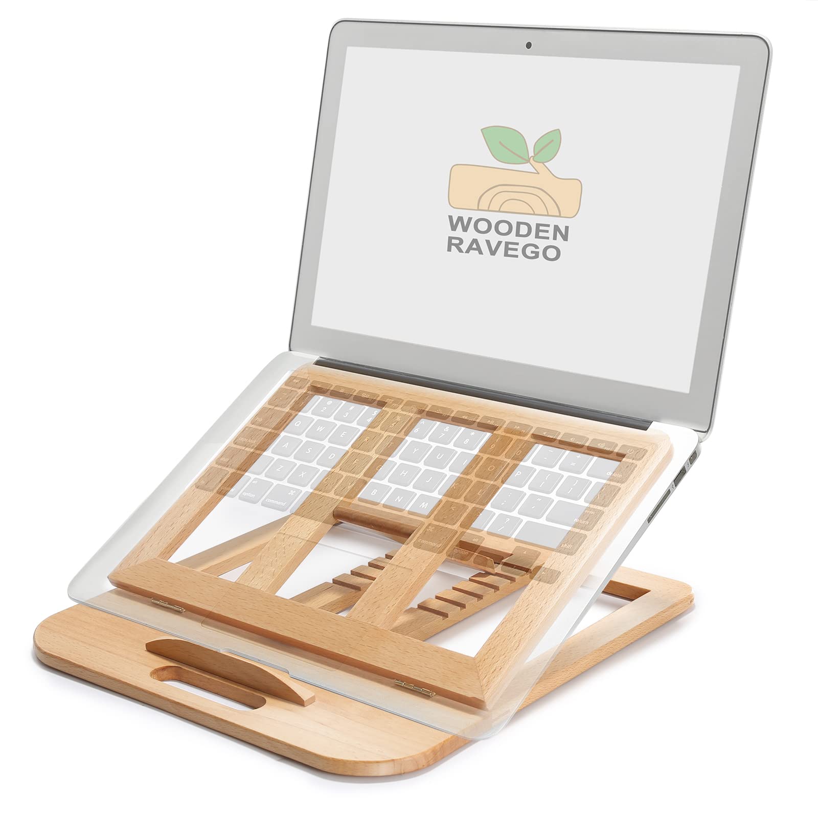 RAVEGO Wooden Laptop Stand, Foldable Ventilated Laptop Riser, Adjustable Computer Stand for Desk, MacBook Notebook Laptop Holder with Multiple Angles for Laptops Up to 15.6 inches (Beech)