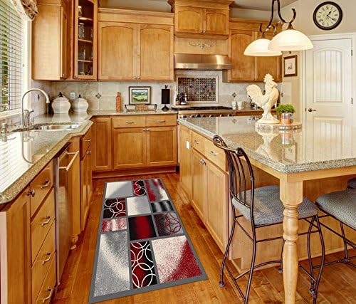 CUSTOM CUT 31-inch Wide by 7-feet Long Runner, Red Boxes Geometric Non Slip, Non-Skid, Rubber Backed Stair, Hallway, Kitchen, Carpet Runner Rug - Choose your Width by Length